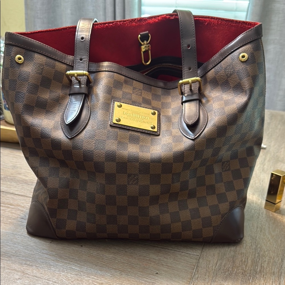 Louis Vuitton Brown Checkered Tote with Red Interior